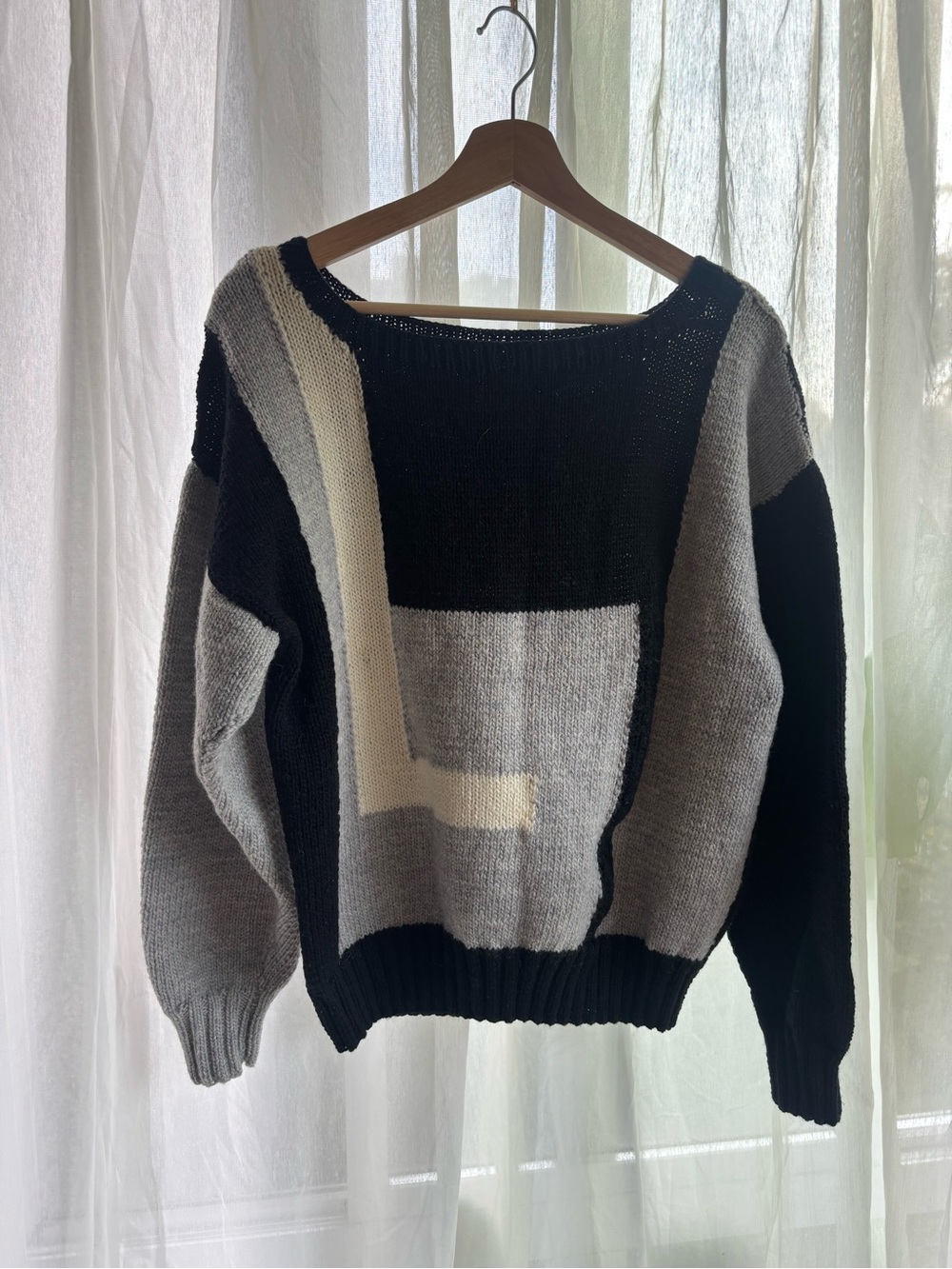 80s Vintage Geometric Colorblock wide Neck Sweater - Black, Gray & Cream